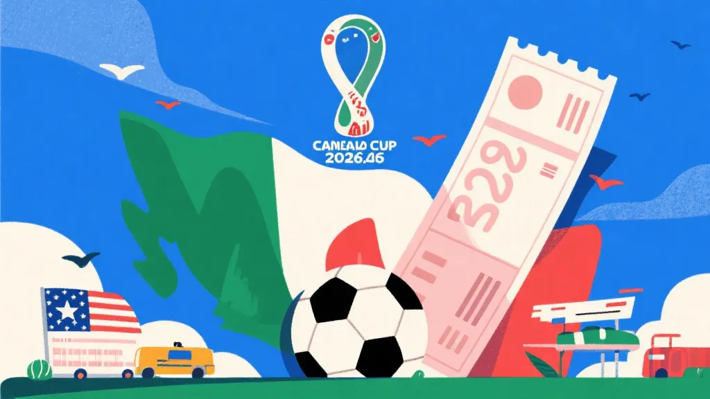 2026年美加墨世界杯概念图，包含足球与高昂旅行账单元素